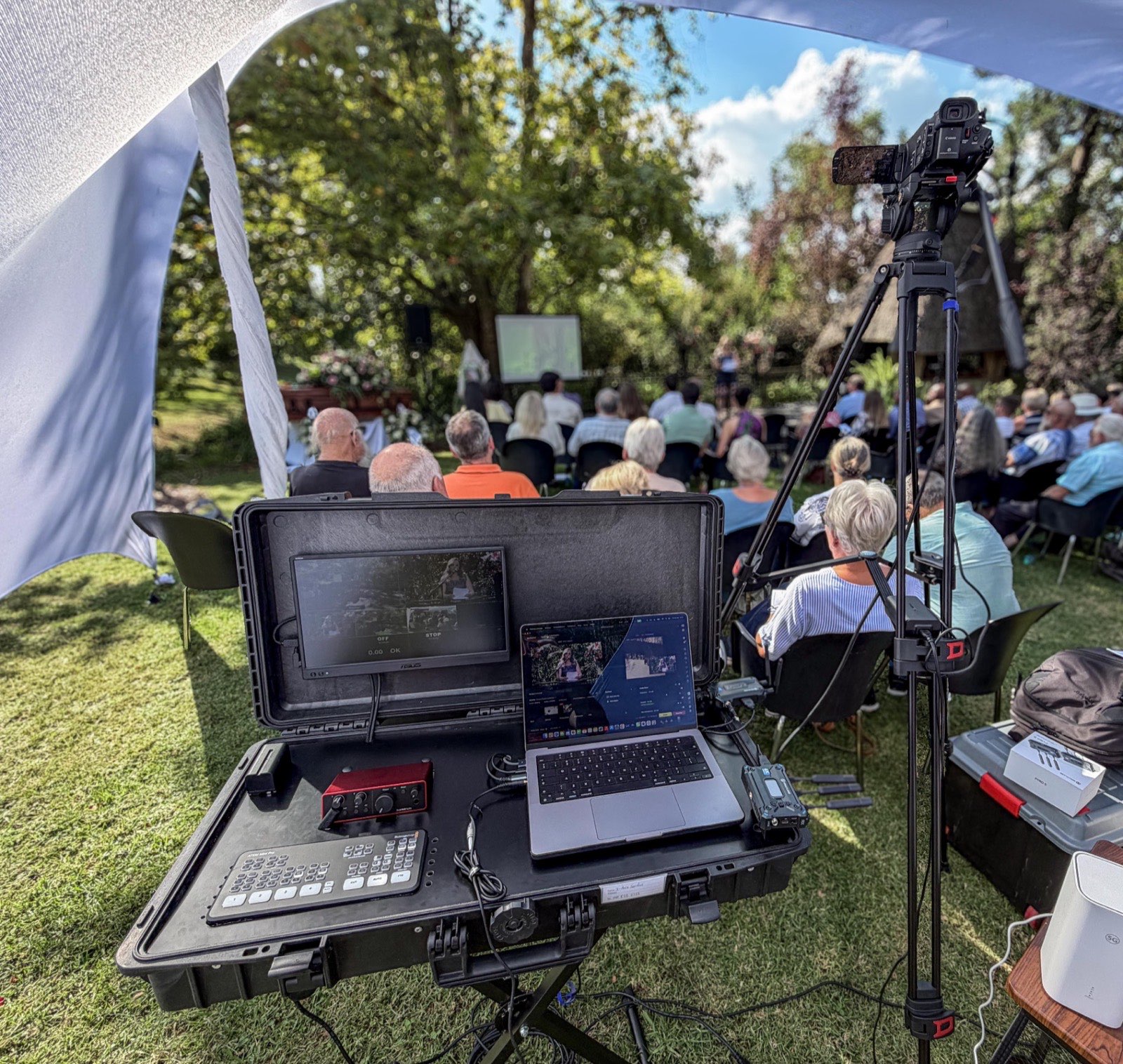 Outdoor garden funeral live streaming setup