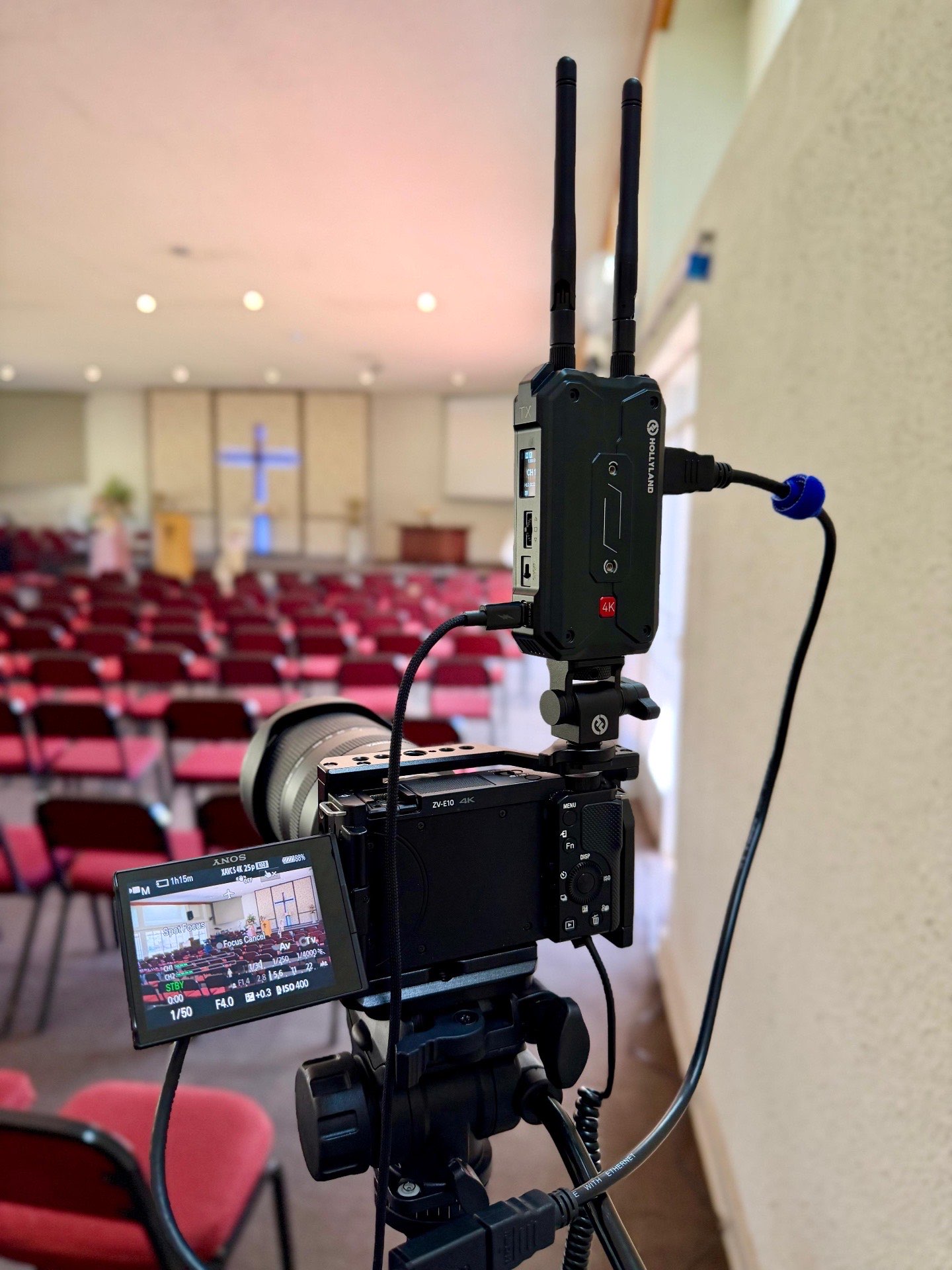 Sony 4K camera with Hollyland wireless transmitter at church